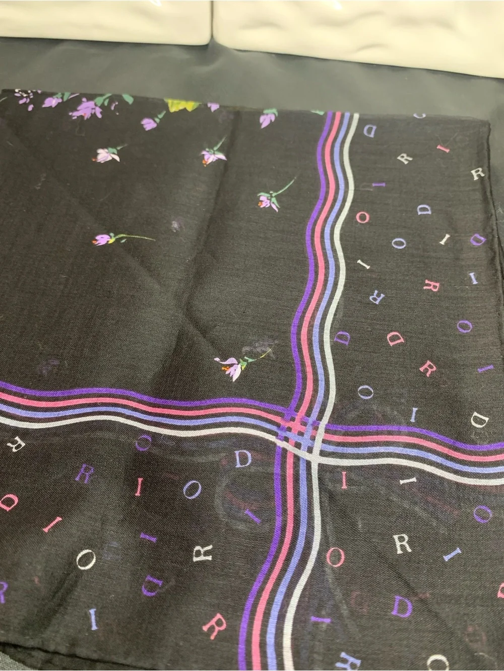 Christian Dior Floral Silk Scarf — Black with Purple & Pink Bouquet
